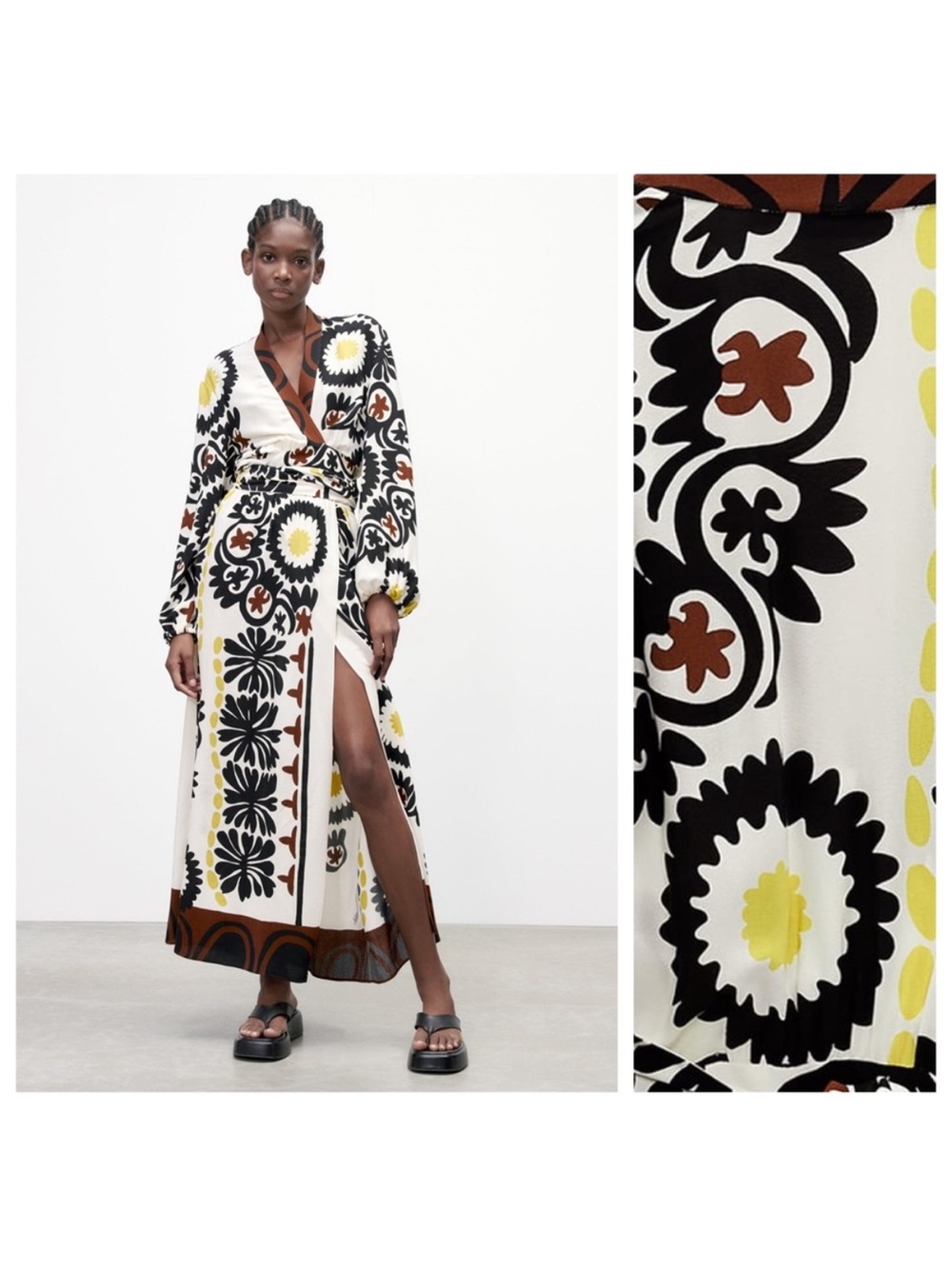 Zara White Floral Print Wrap Maxi Dress with Black & Brown Accents